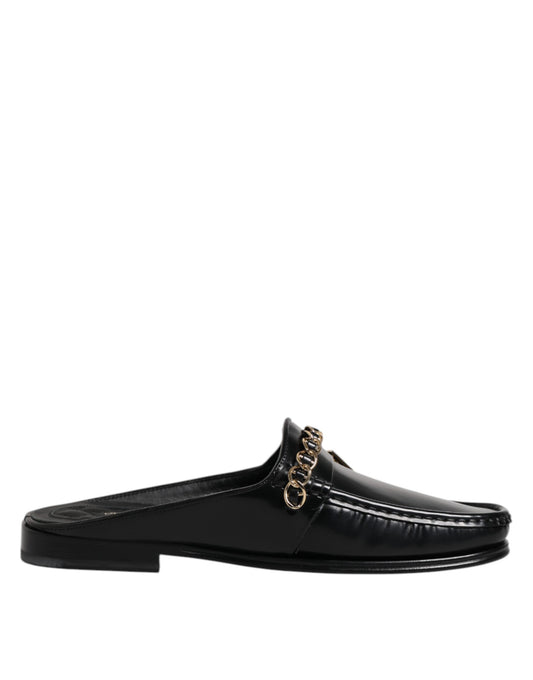 Dolce & Gabbana Black Leather DG Chain Embellished Sandals Shoes