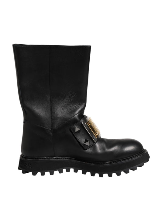 Dolce & Gabbana Black Leather DG Logo Plaque High Boots Shoes
